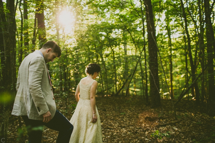 Couple walking through forest