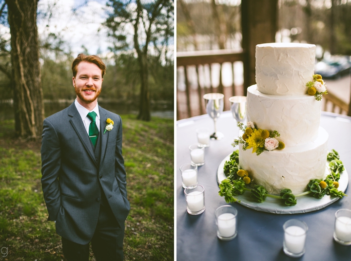 Groom portrait and wedding cake