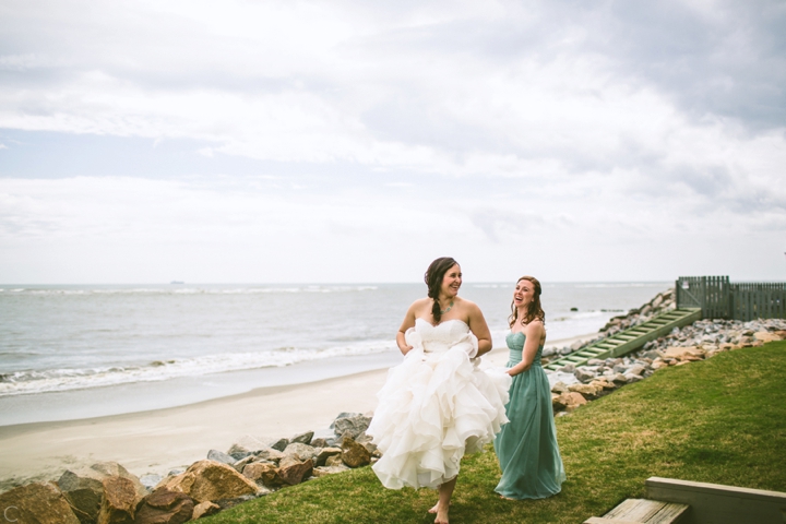 Bride walking on beach