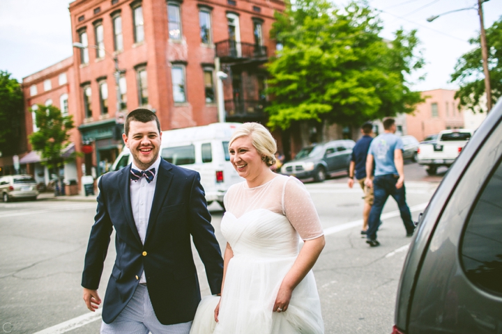 Bride and groom walking in Wilmington