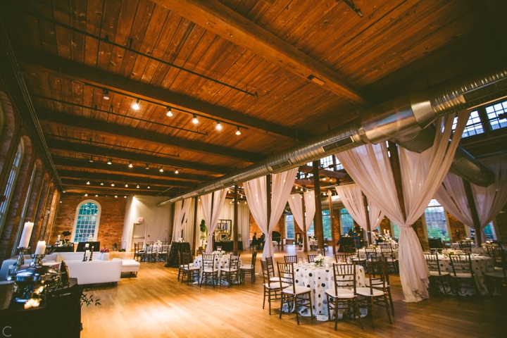 Wedding reception setup at the Cotton Room