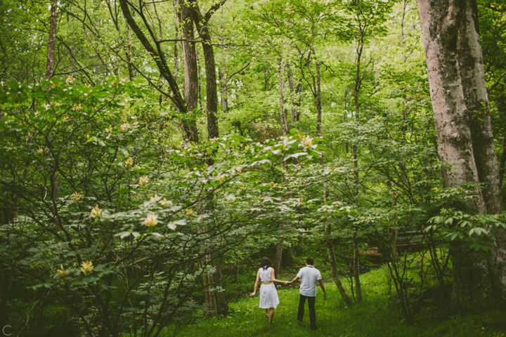 couple walking through the woods