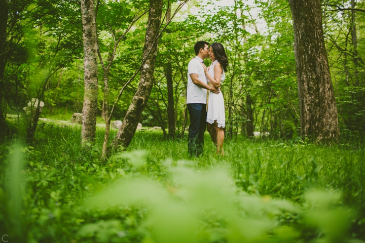 couple hugging in the woods