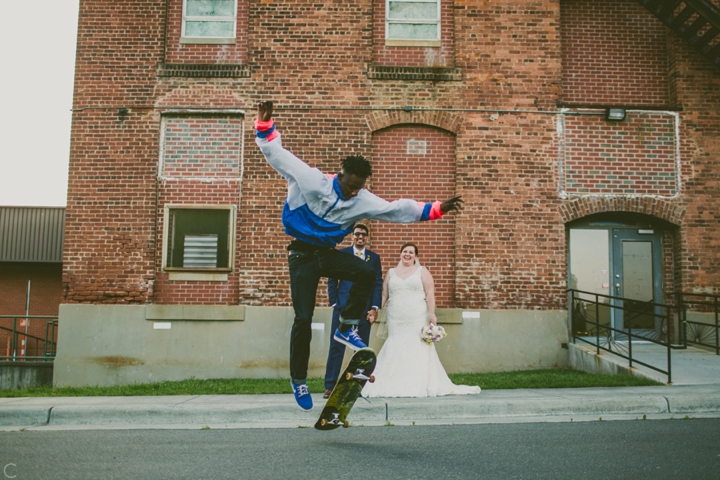 Wedding portrait with skateboarder