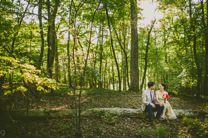 Bride and groom sitting on log