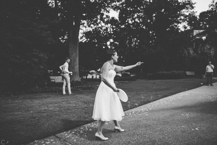 Bride playing frisbee