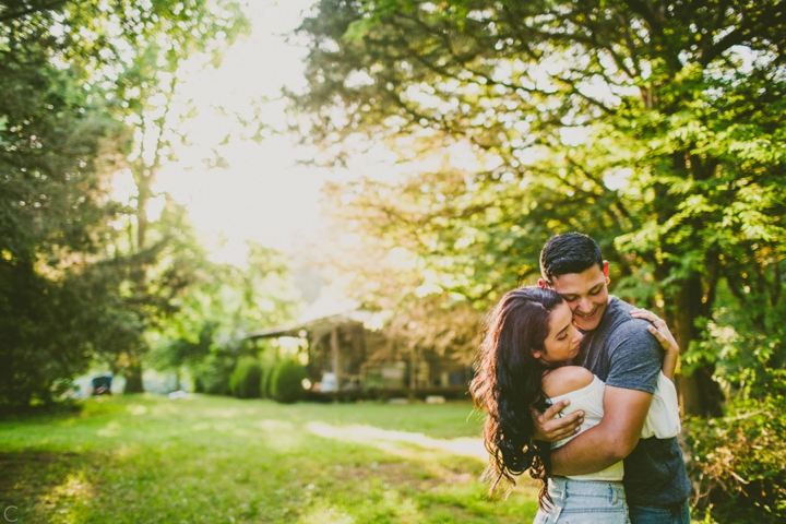 Couple hugging engagement