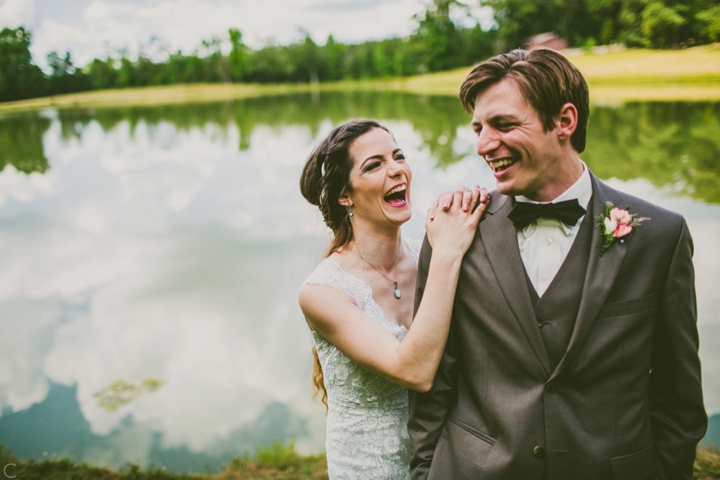 Bride and groom at lake