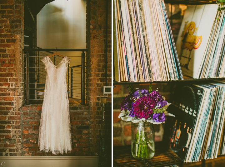 Wedding dress and purple bouquet
