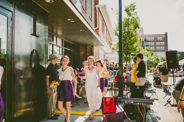 Bride walking through Durham, NC