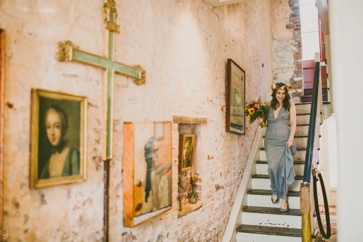 Bride walking down stairs