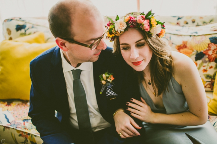 Bride wearing flower crown