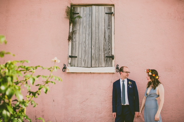 Bride in blue gray wedding dress and flower crown