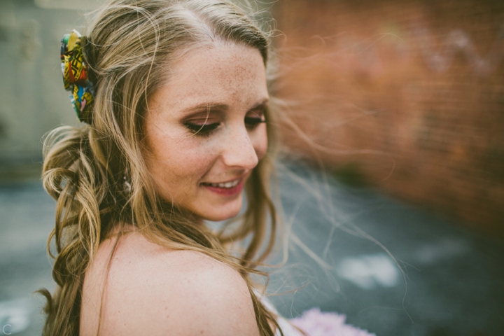 Bride with comic book themed wedding comb