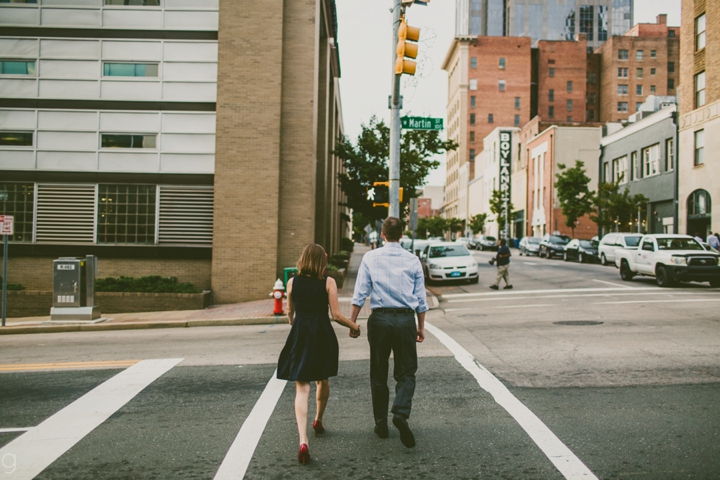 Couple walking downtown