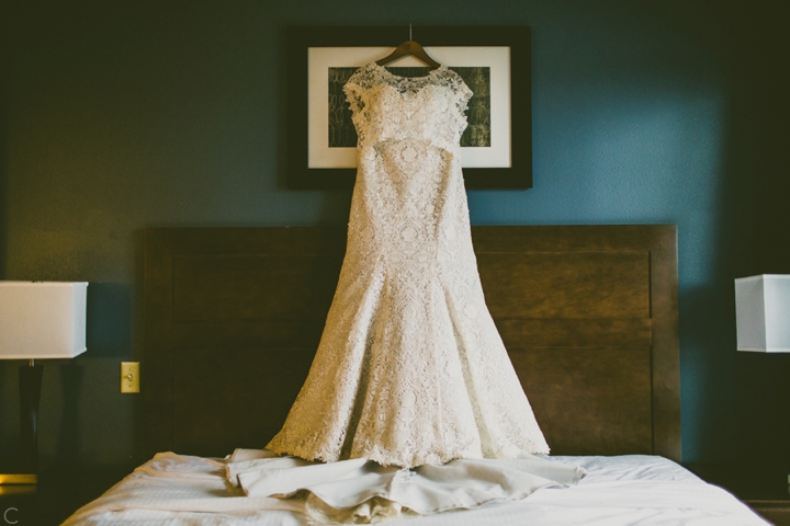 Wedding dress hanging up