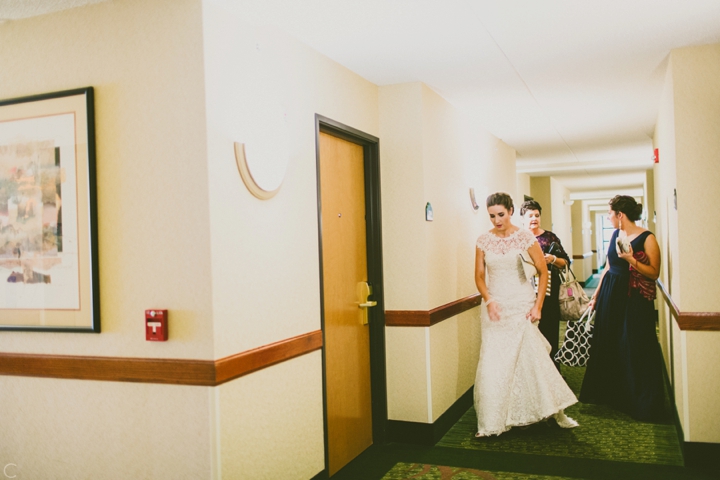 Bride walking down hallway