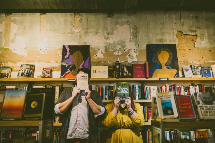 Engagement session in bookshop