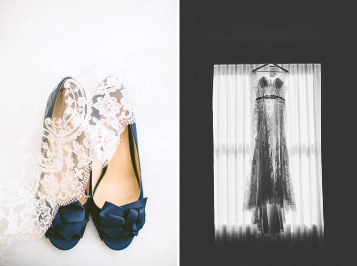 Wedding dress and blue wedding shoes