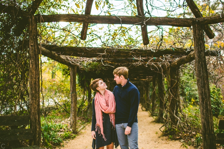 Engaged couple at UNC arboretum