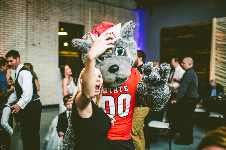 Tuffy at wedding reception taking a selfie