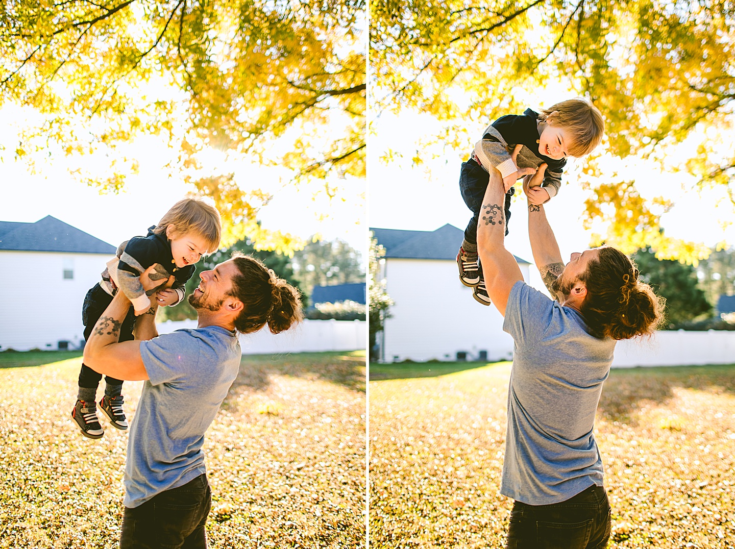 Dad tossing son up in the air during family photos in Raleigh