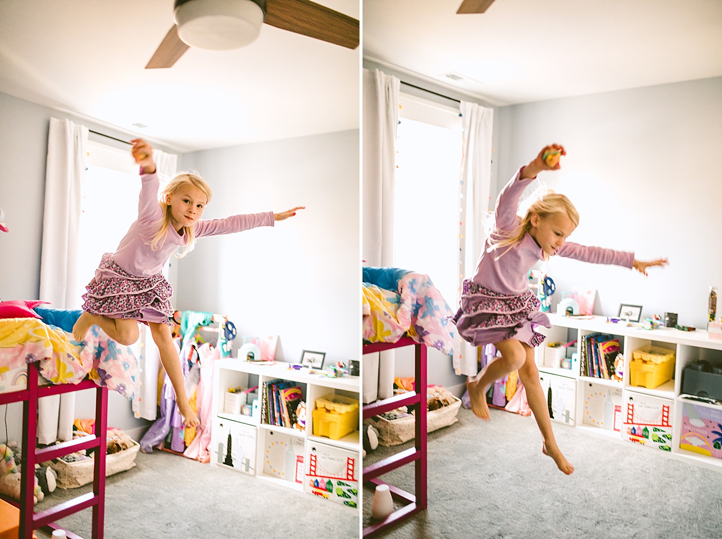 Girl jumping off her bunk bed