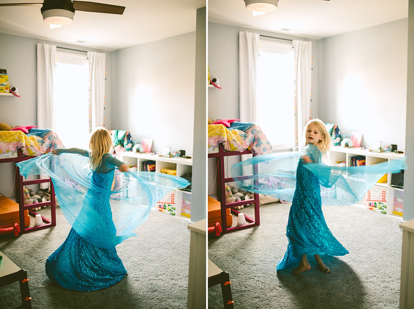 Girl in a Frozen princess gown twirling