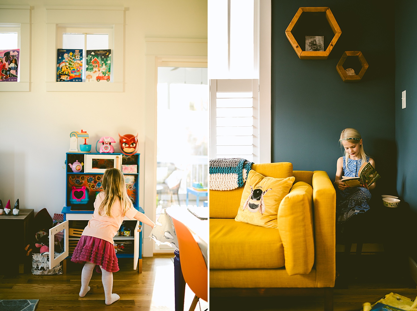 Girl playing with toy kitchen and girl reading book