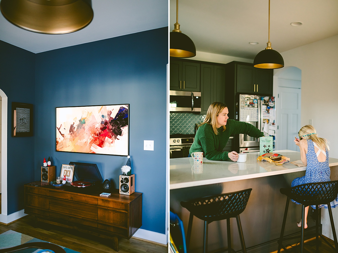 Girl reading a book at kitchen counter