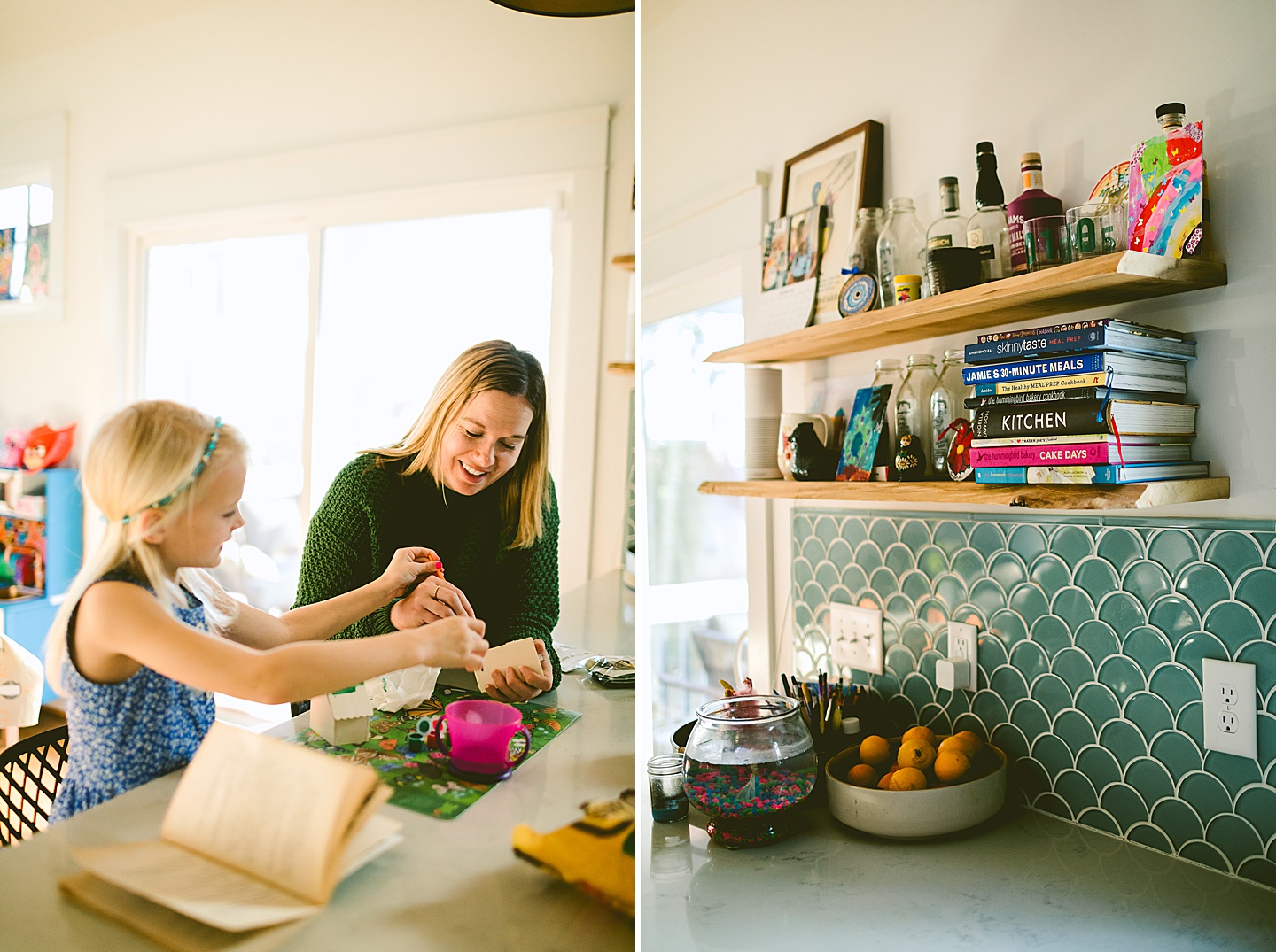 Daughter painting a holiday house with her mom