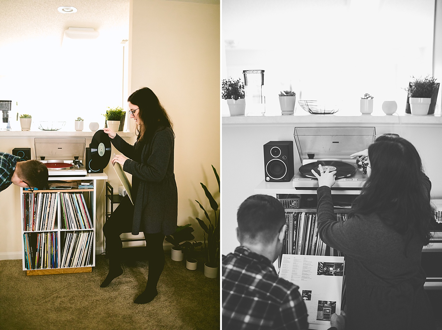 Woman putting a record on a record player