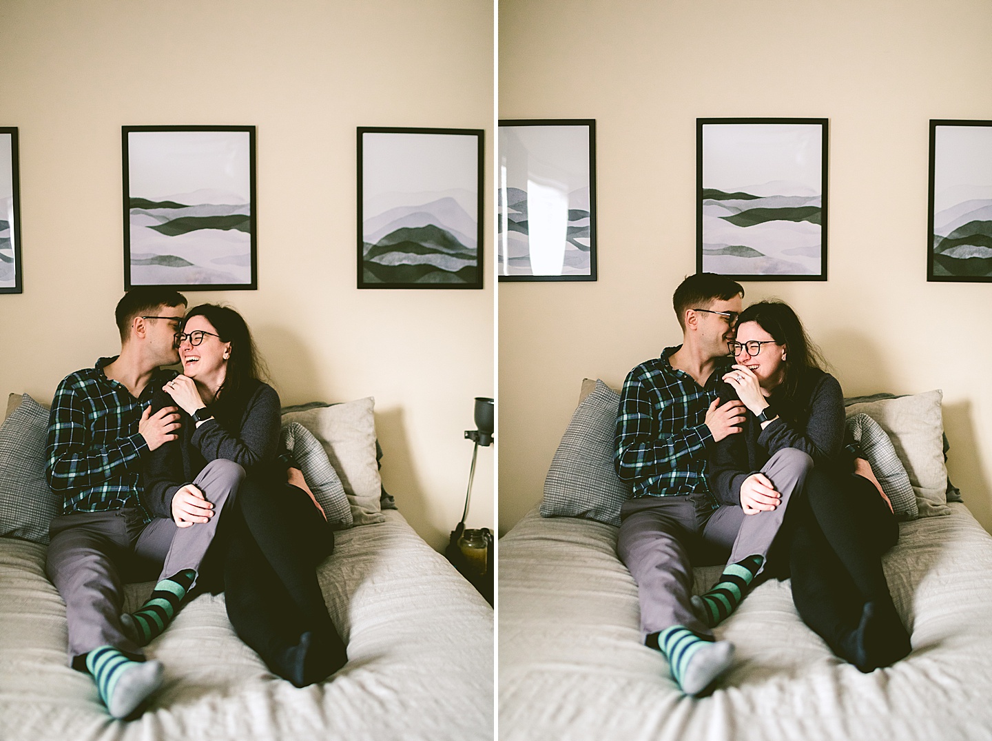 Couple laughing on bed in home in Raleigh NC