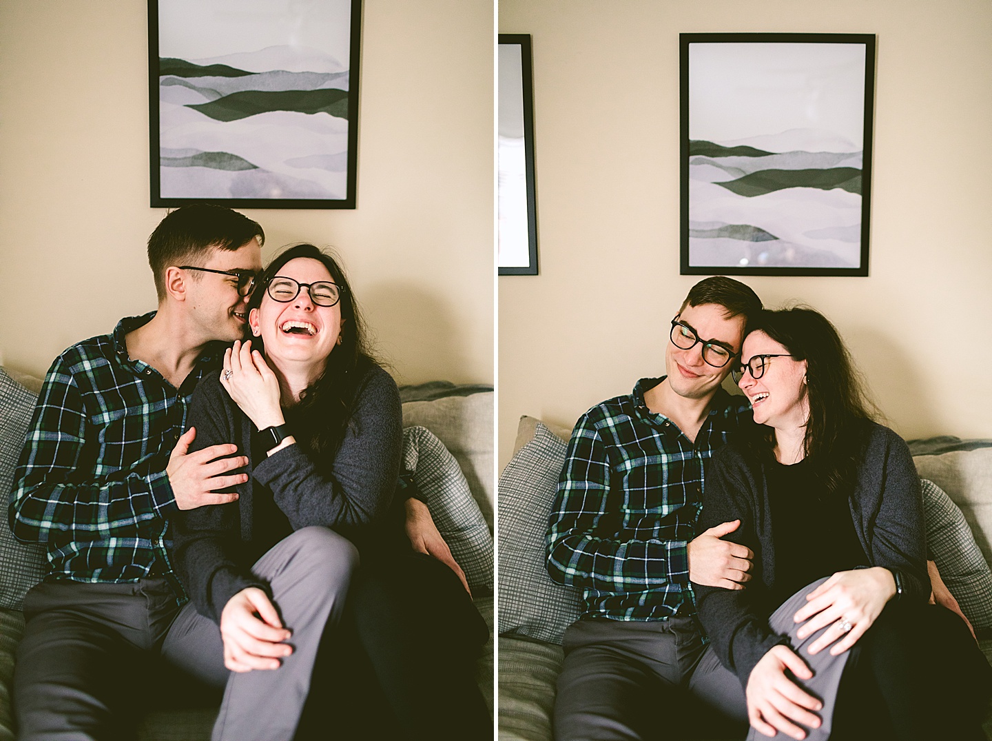 Couple laughing on bed in home in Raleigh NC