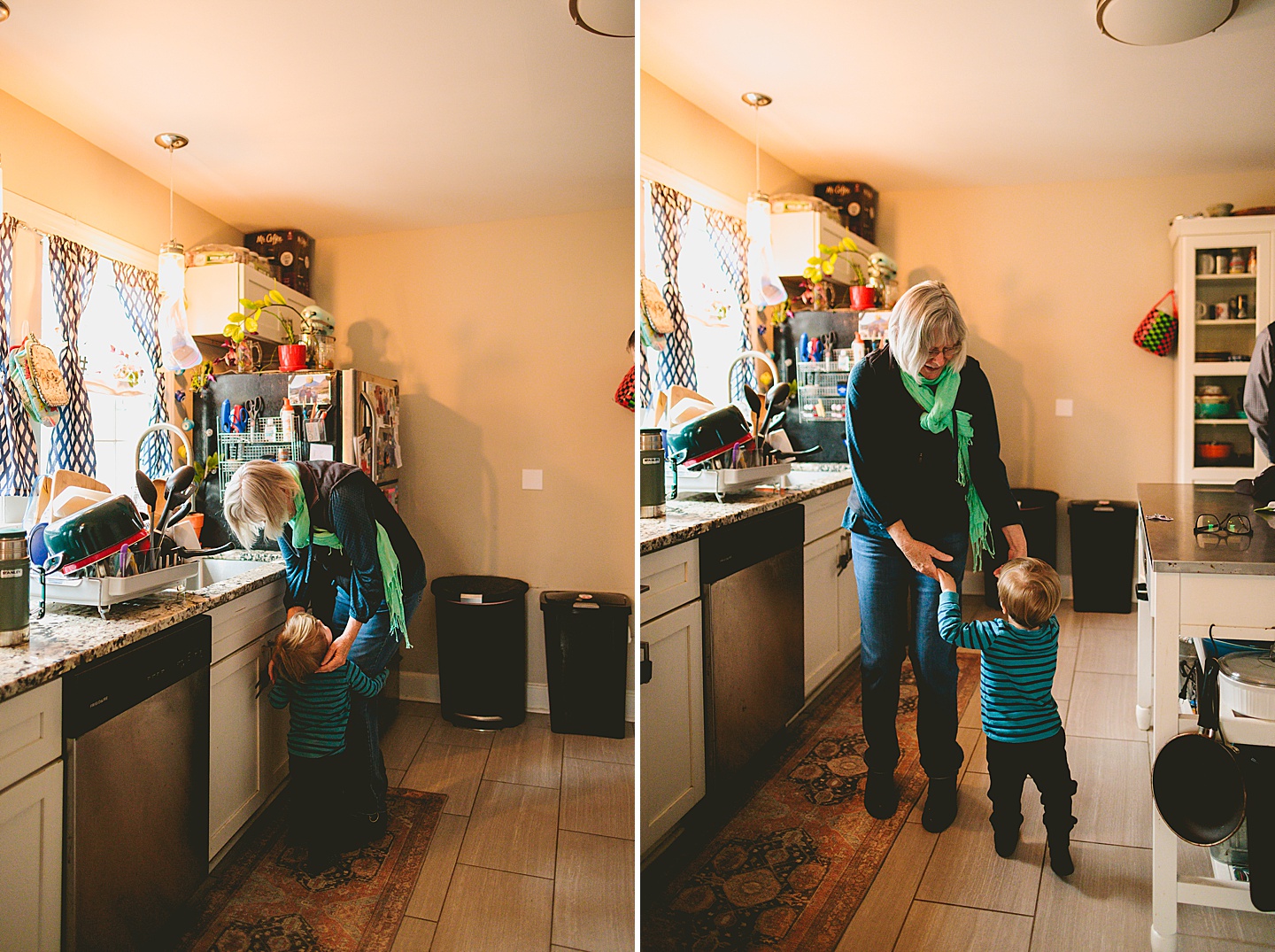 Grandma dancing with toddler in the kitchen