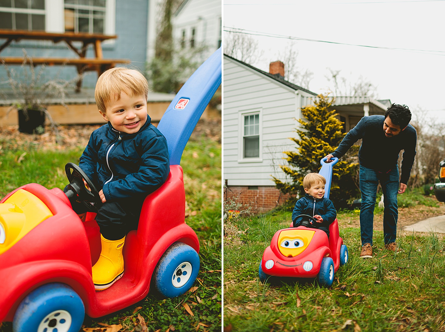 Kid playing with toy truck in Durham