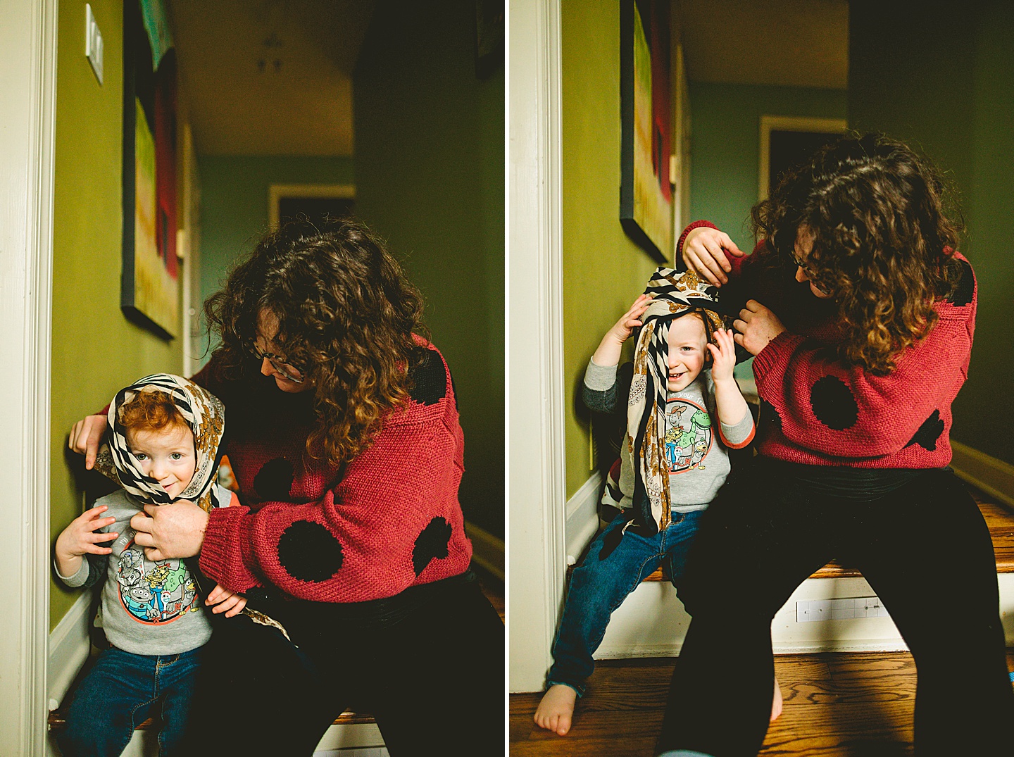 Mom putting a scarf on boy's head