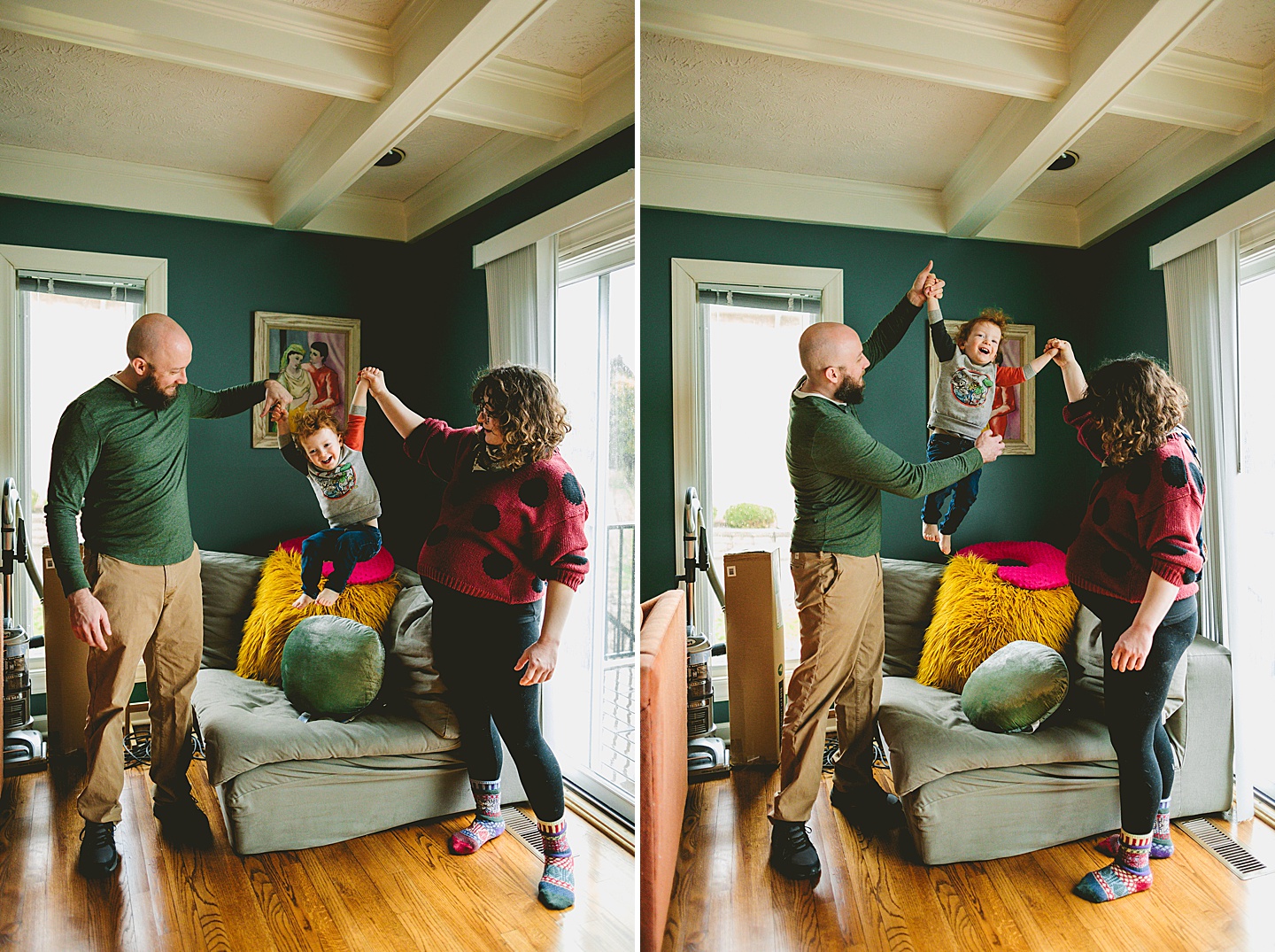 Toddler jumping on chair