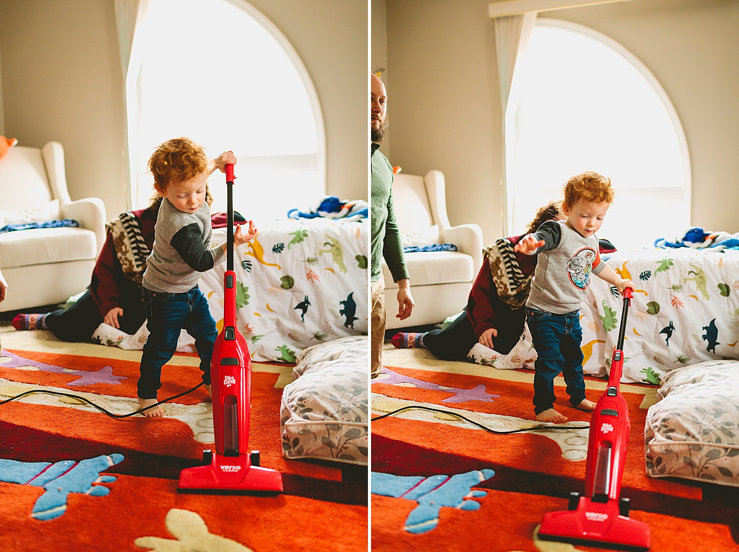 Toddler vacuuming his room