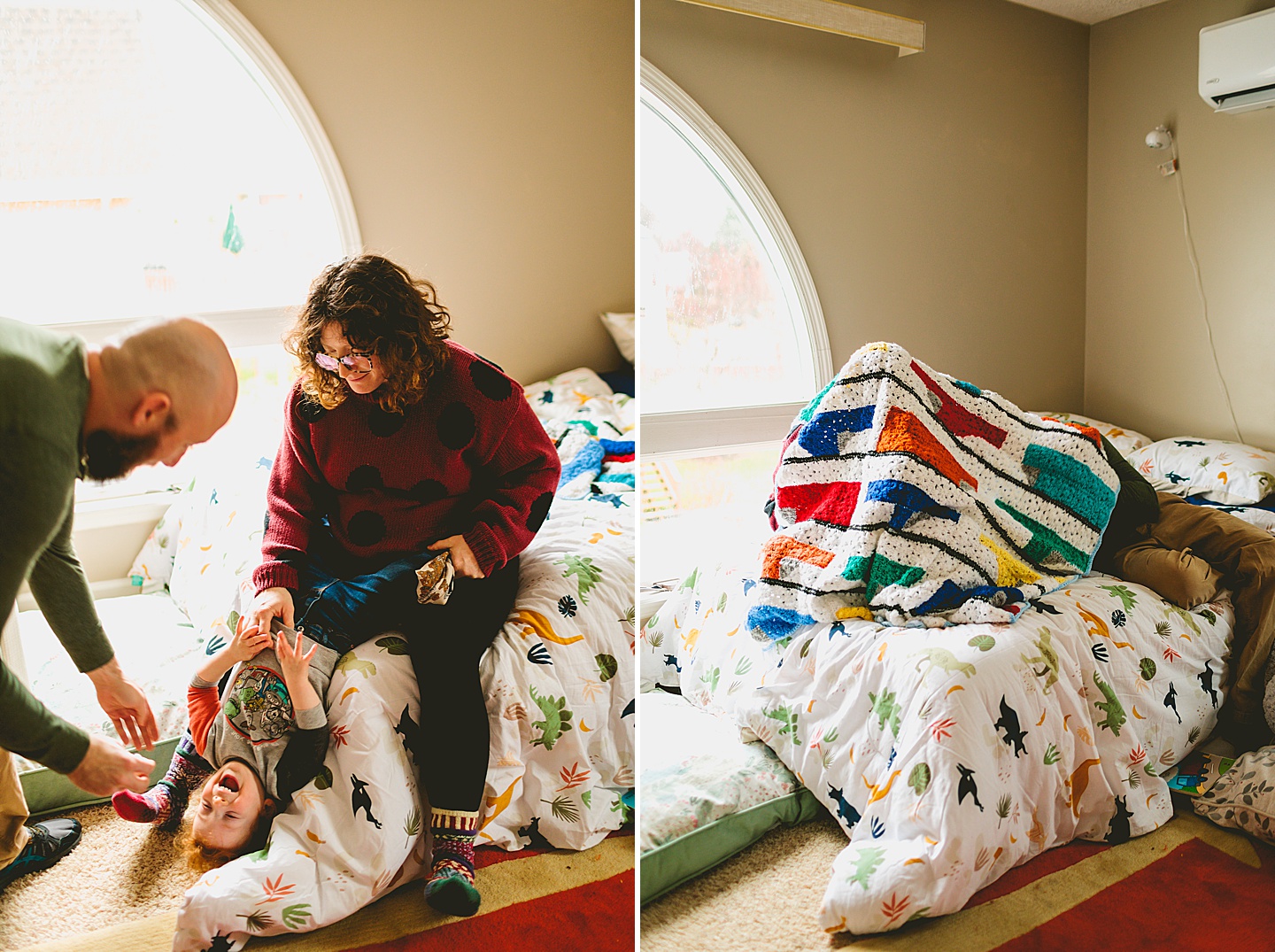 Parents building blanket fort with kid