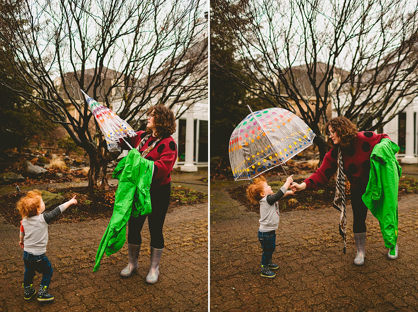 Mom handing son a polkadot umbrella in the rain