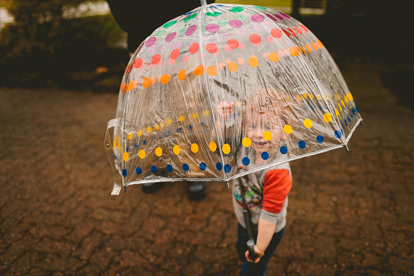 Toddler holding polkadot umbrella