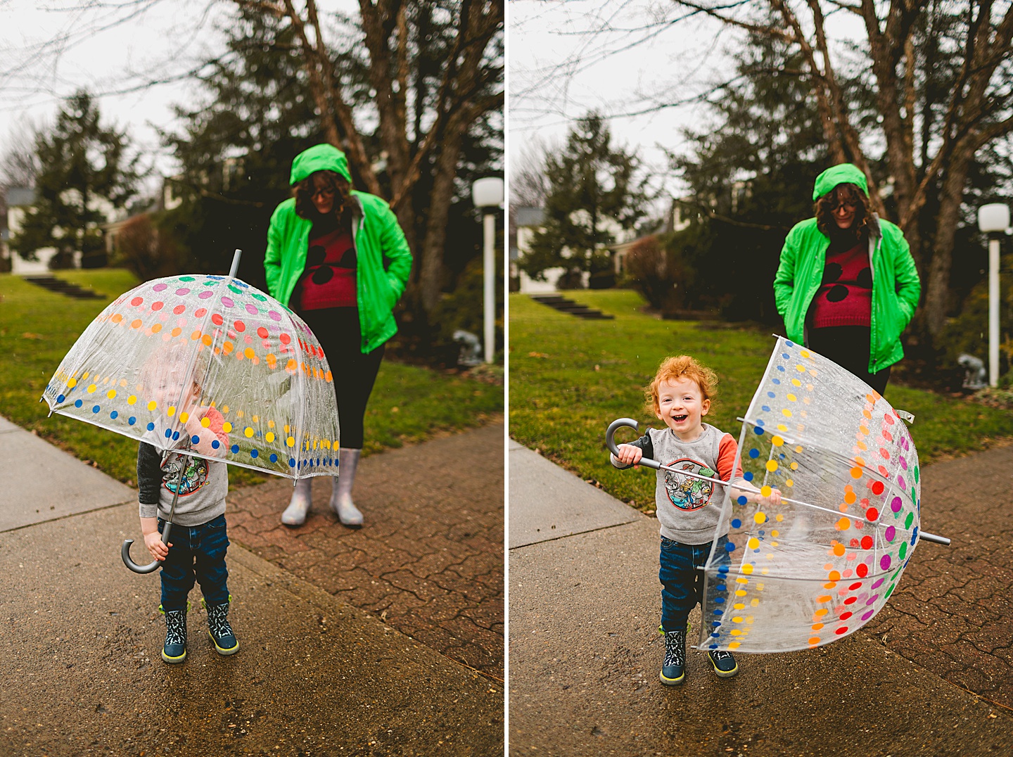 Toddler walking around with umbrella in the rain