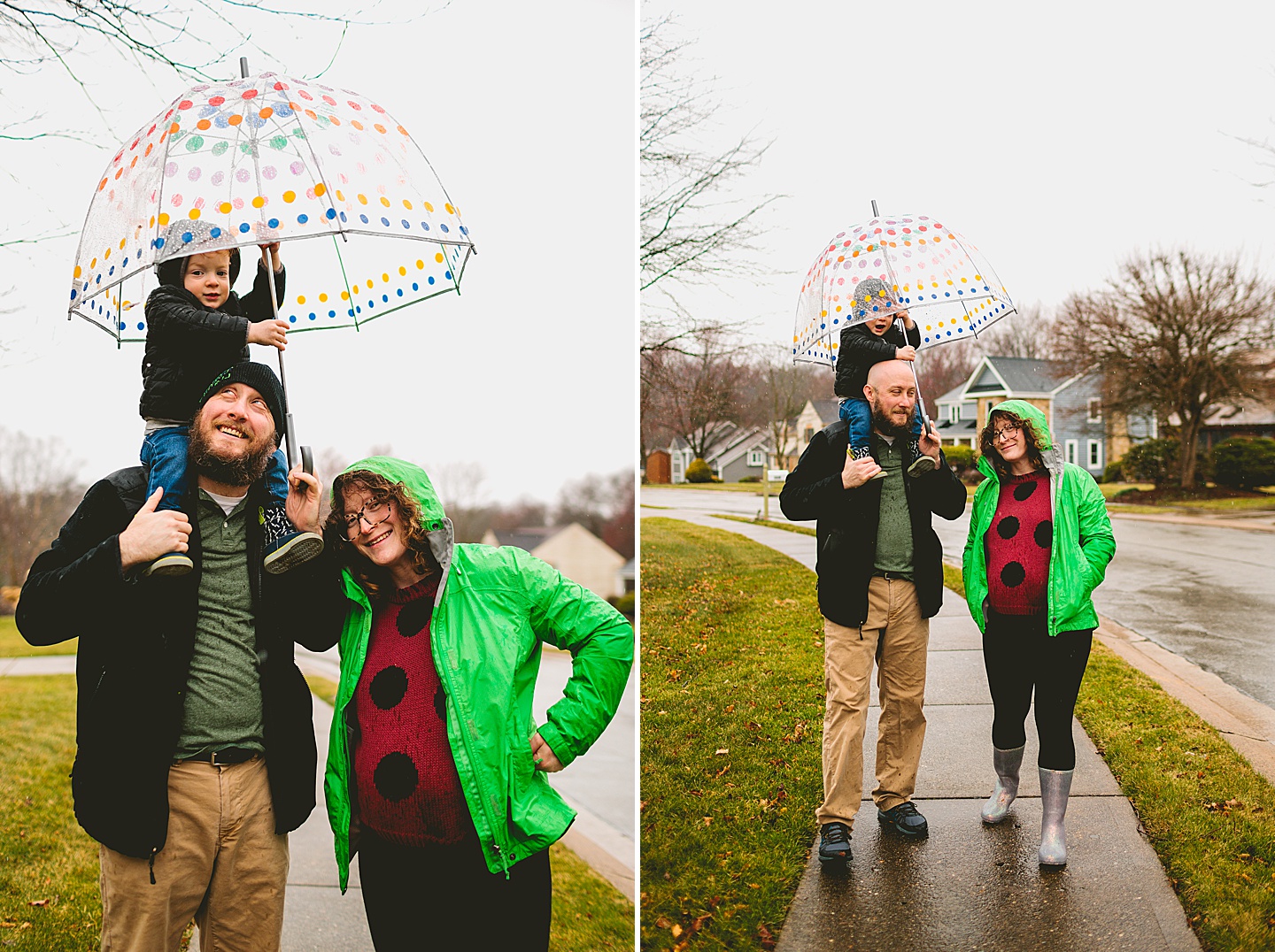 Parents taking a rainy day walk with toddler down the street