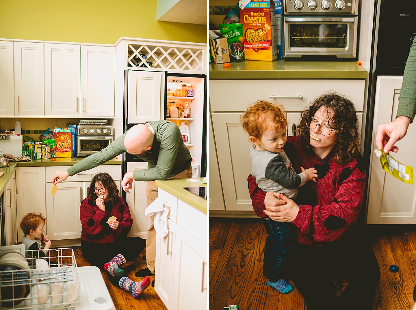Parents eating snack with kid in the kitchen