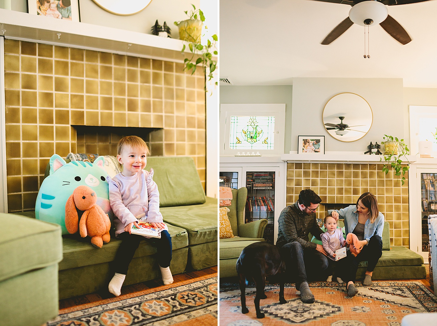 parents sitting next to toddler on couch reading a book