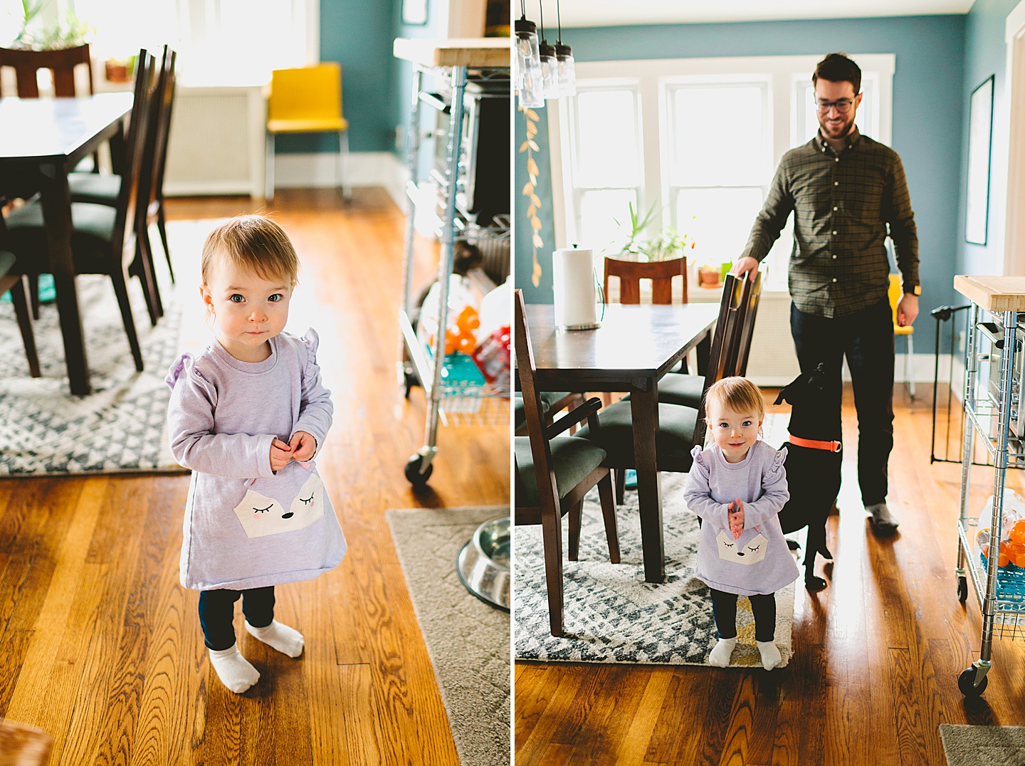 toddler standing in a hardwood floor and smiling