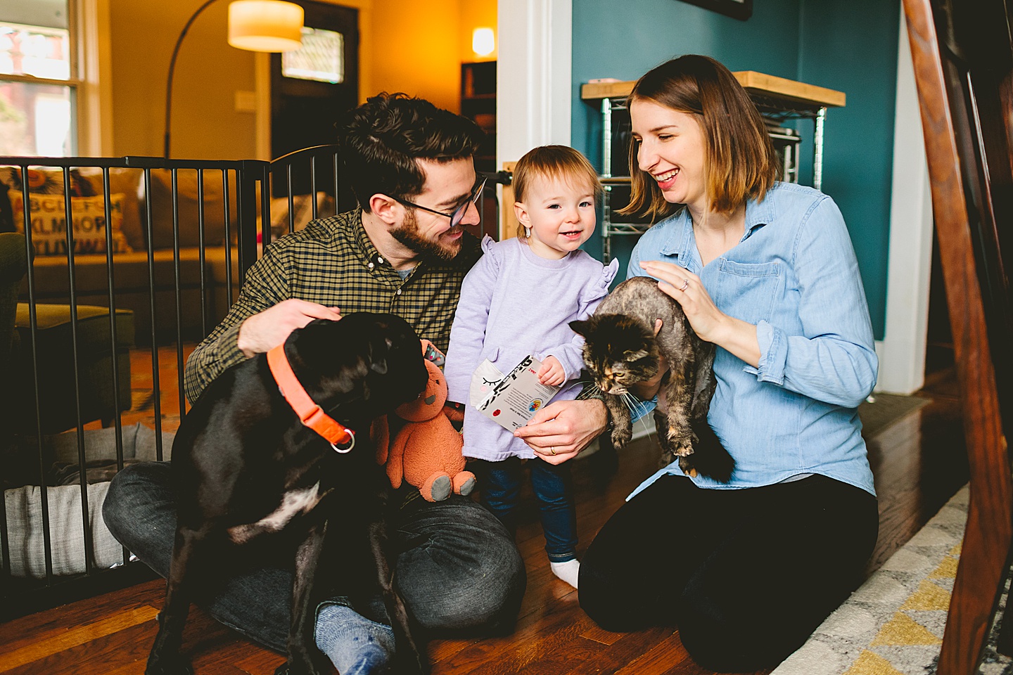 family portrait with pets at home