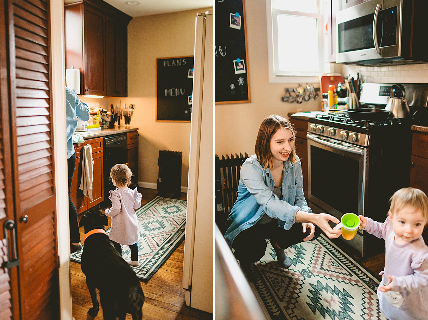 mom handing juice to her daughter