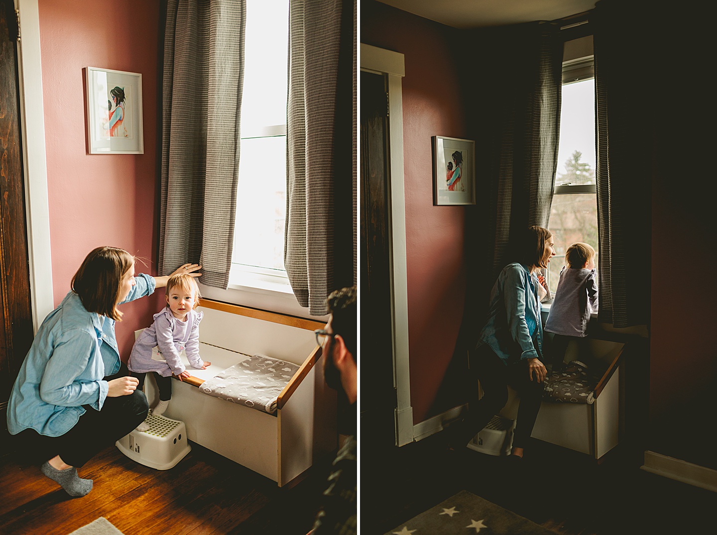 toddler looking out window in pittsburgh